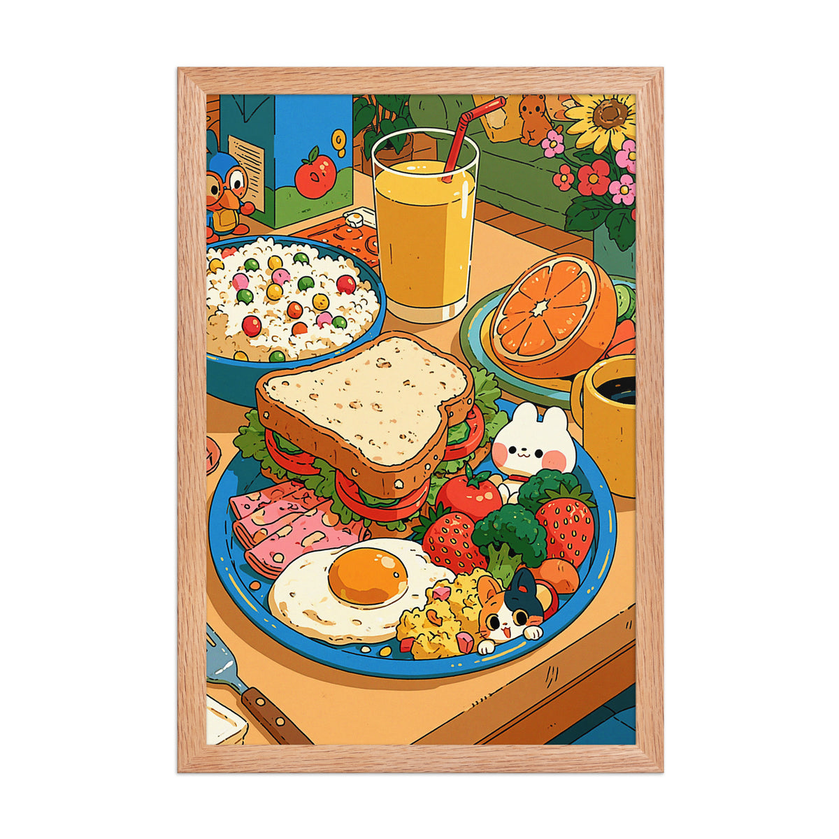 Breakfast Spread framed art in red oak frame, 12×18 inches