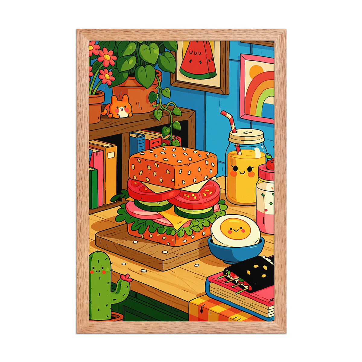 Lunch Break framed art in red oak frame, 12×18 inches