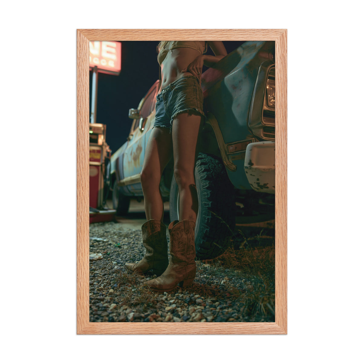 Night Stop framed art in red oak frame, 12×18 inches