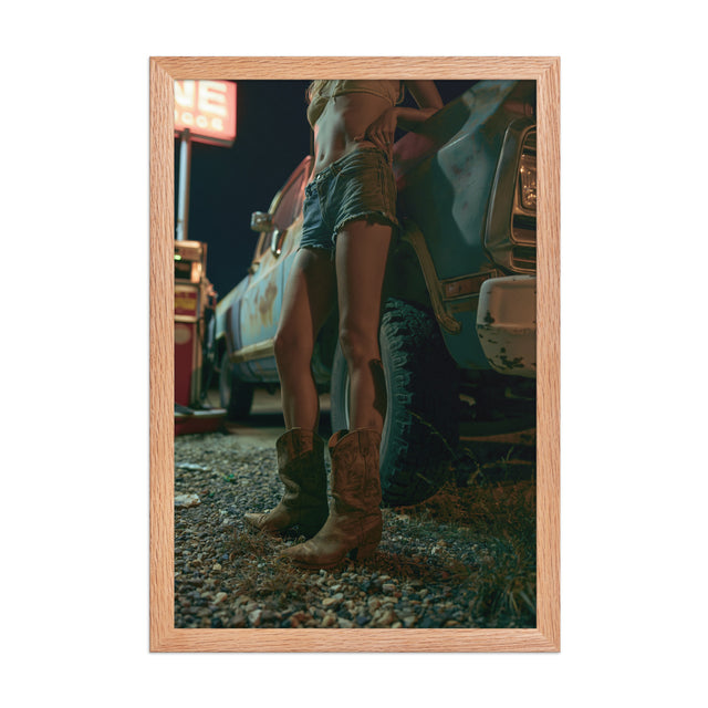 Night Stop framed art in red oak frame, 12×18 inches