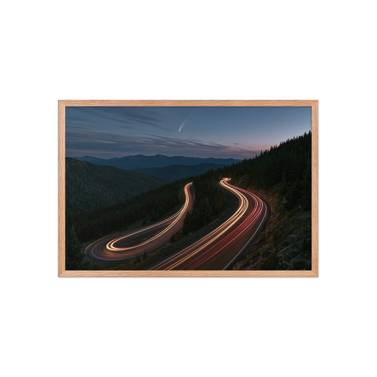 Night Drive framed art in red oak frame, 20×30 inches