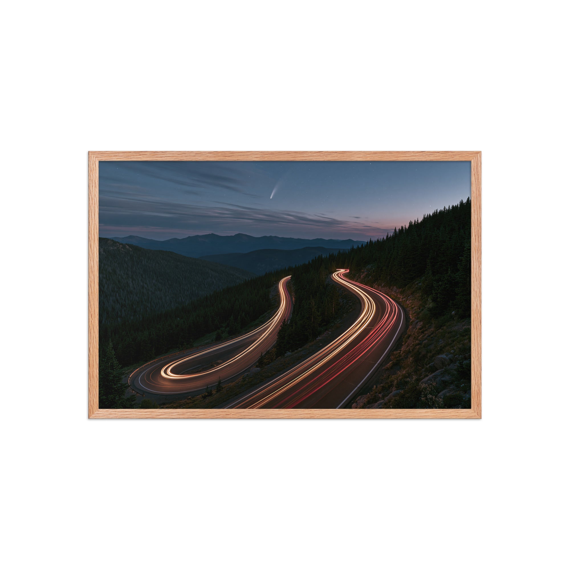 Night Drive framed art in red oak frame, 20×30 inches