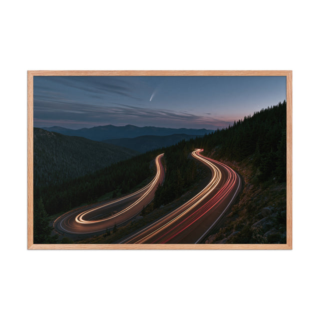 Night Drive framed art in red oak frame, 24×36 inches