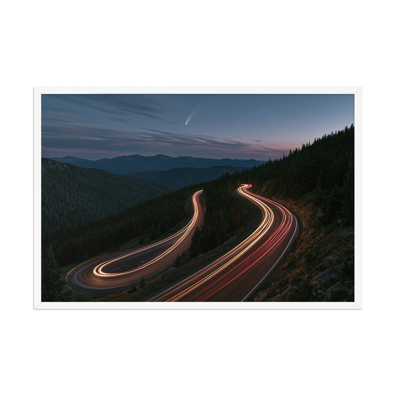 Night Drive framed art in white frame, 24×36 inches