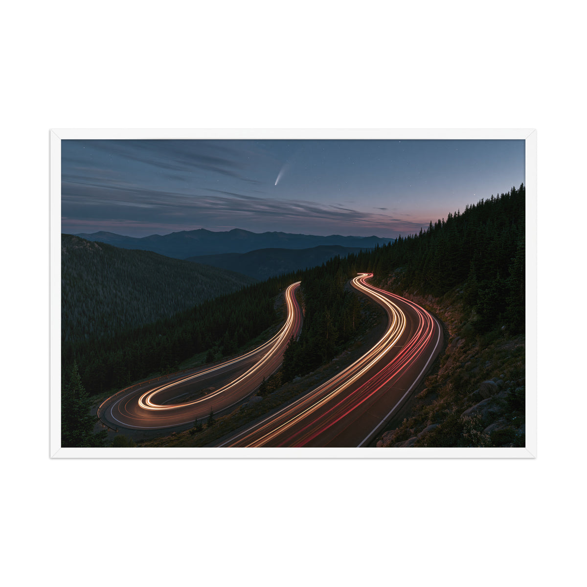 Night Drive framed art in white frame, 24×36 inches