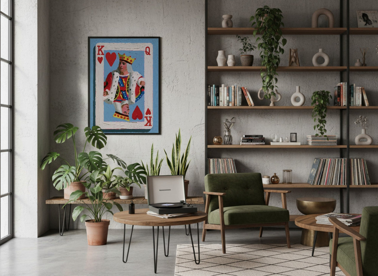 King of Hearts framed art in a modern living room