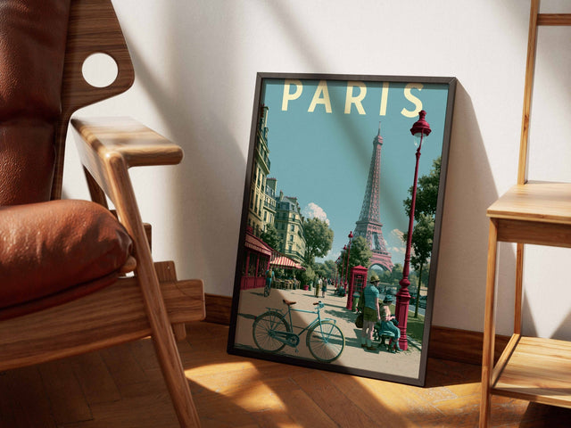 Paris framed art beside a leather chair