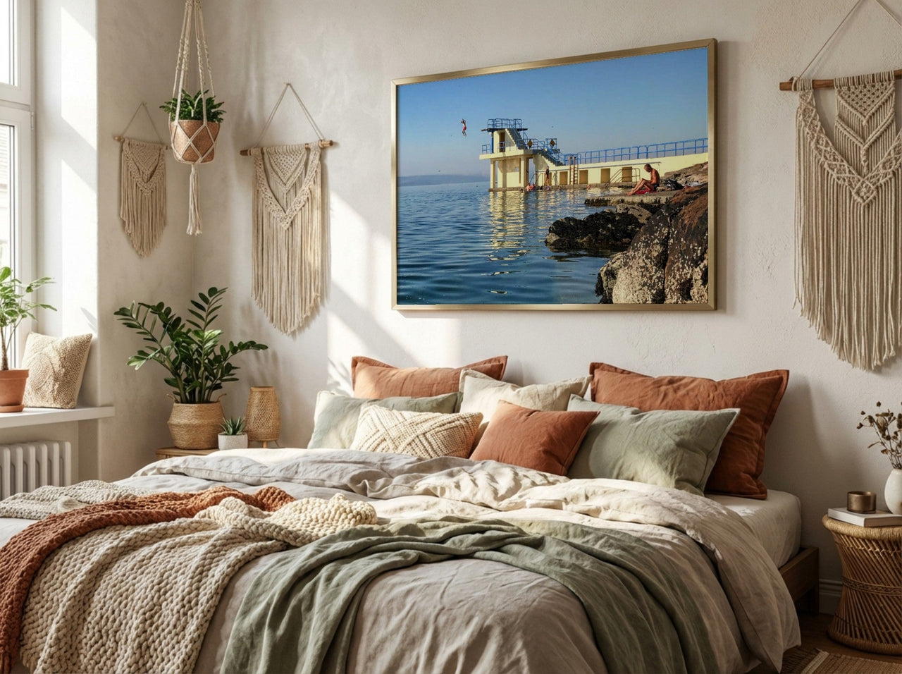 Salthill framed wall art in a warm bedroom