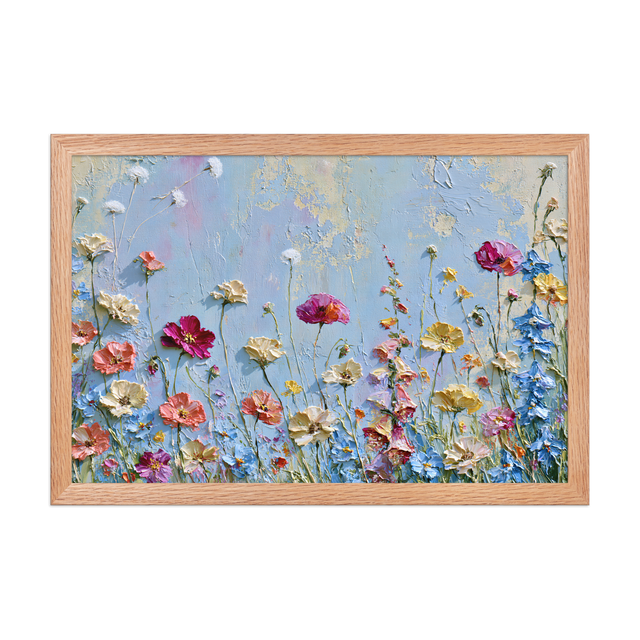 Wildflower Meadow framed art in red oak frame, 12×18 inches